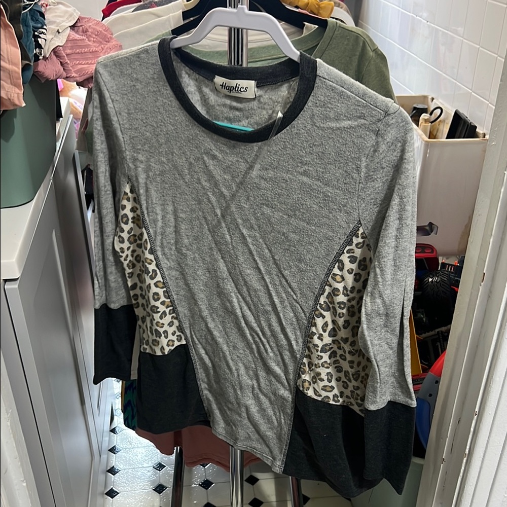 Haptics Gray and Black Leopard Patchwork Top
